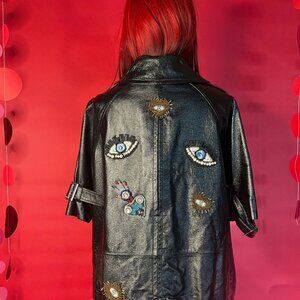 Upcycled Leather “Beaded Eye” Jacket – Unique Street-Style Statement Piece